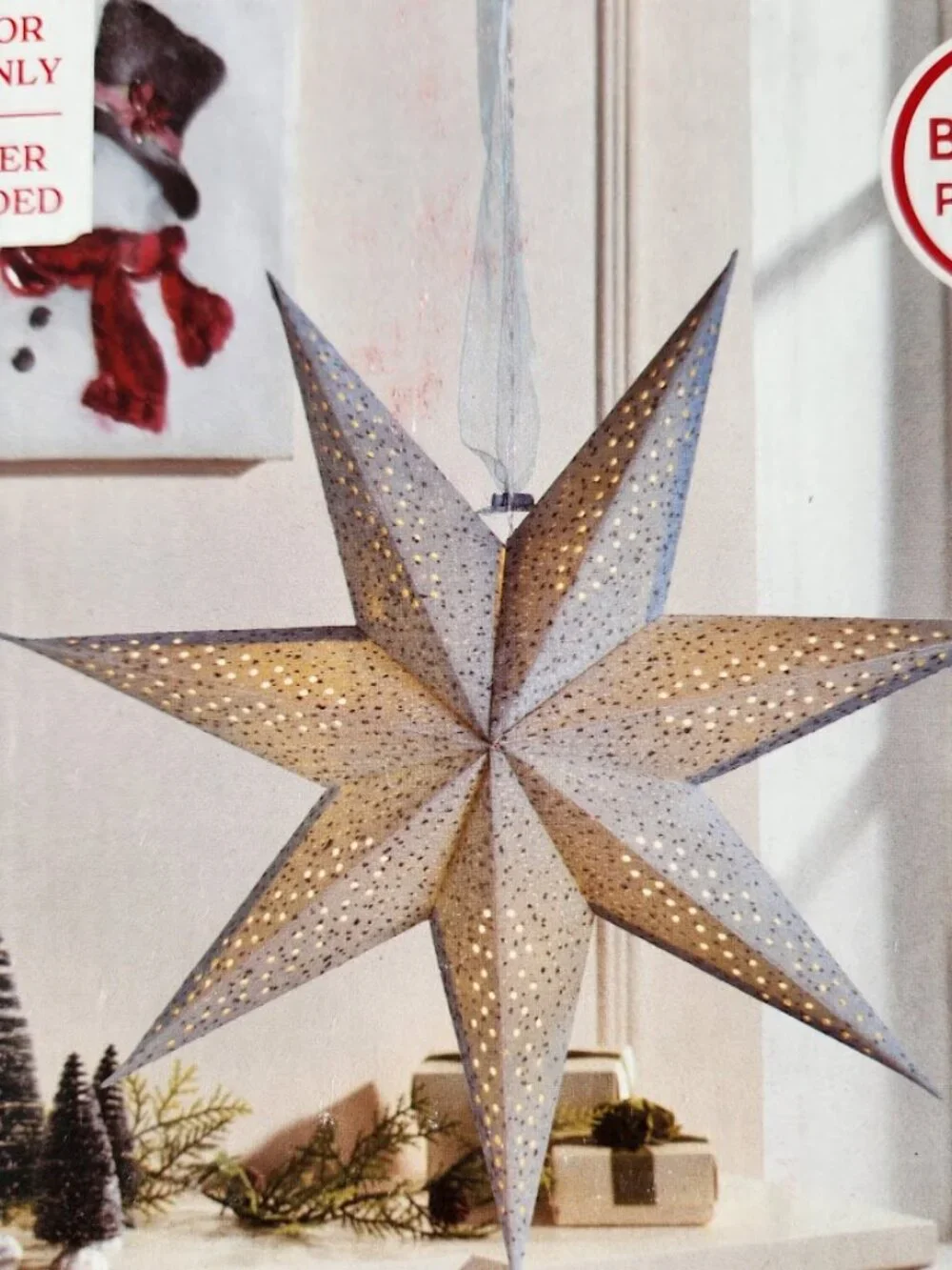 NEW Light Up Battery Operated Flocked Star Christmas Hanging Decoration Decor Ho